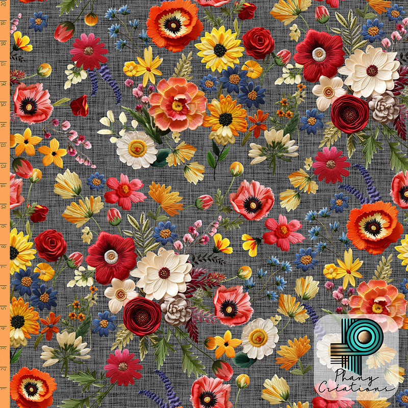 Précommande Avril - Fleurs brodée Fond gris moyen